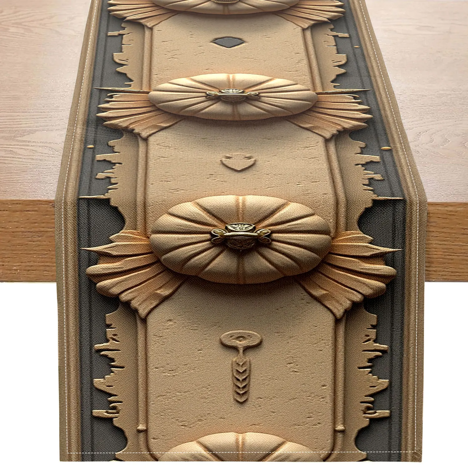 

1 Piece of Vintage Embossed Pumpkin and Skull Table Runner, with a Beige Background Featuring Three-Dimensional Pumpkins and Skulls with Metal Embellishments, Suitable for Halloween Parties, Castle-Themed Restaurants, Vintage-Style Bars, Art Collection Ex