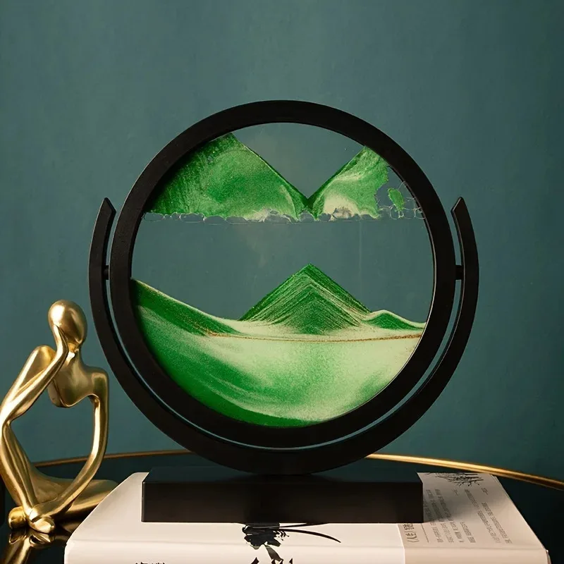3D Quicksand Art Ornament, Serene Landscape Glass Decor with Flowing Sand, Black Frame Desktop Home Office Decor Christmas Gift