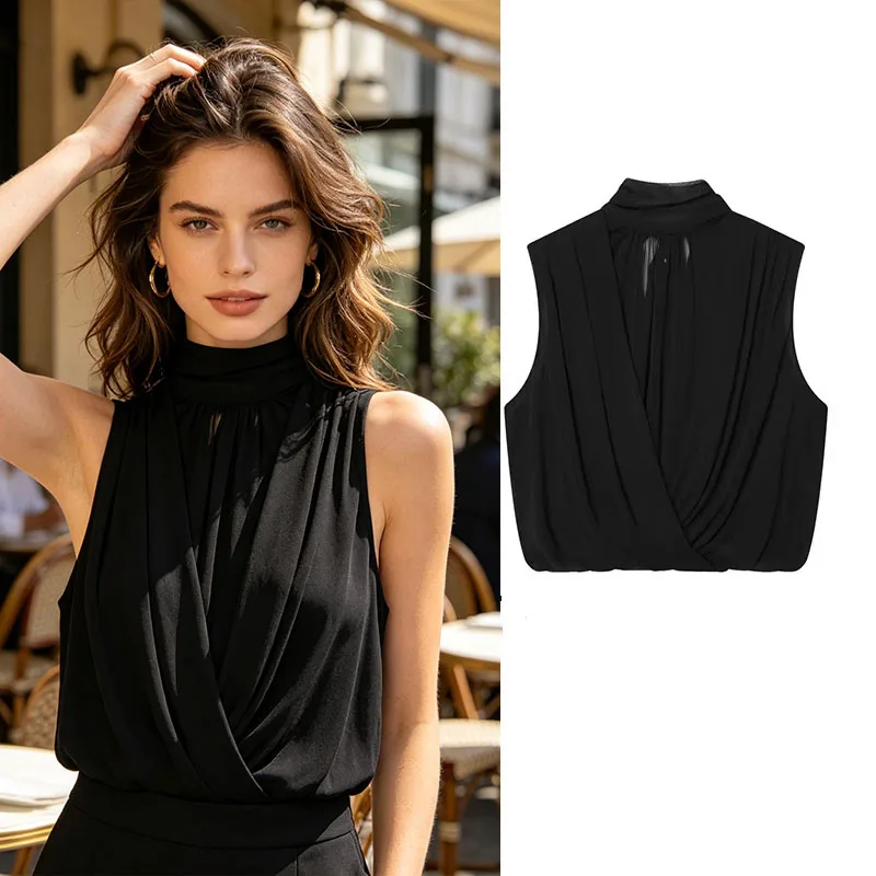 

Black Draped Front Blouse Women Mock Neck Sleeveless Chiffon Wrap Front Evening Crop Top