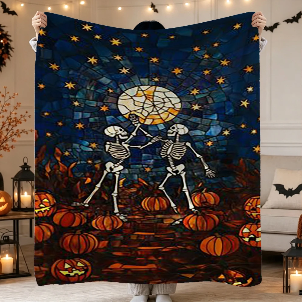Halloween Blanket Dancing Skeletons Pumpkins Stained Glass Starry Night Throw Holiday Decor