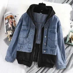 Spring Autumn Women Denim Jacket New Splicing Fake Two-Piece Cowboy Coat Vintage Hooded Jean Windbreakers Female Outerwear Tops