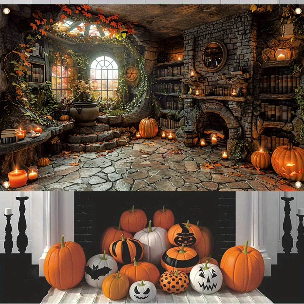 Magic bookshelf pumpkin lantern horror photography background, Halloween night ghost party photo booth supplies