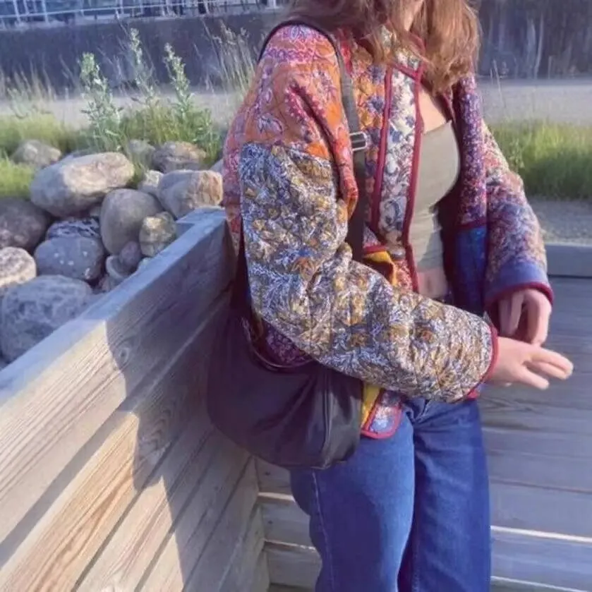 Manteau Long en coton imprimé pour femme, col montant, vêtements d'extérieur décontractés, automne et hiver