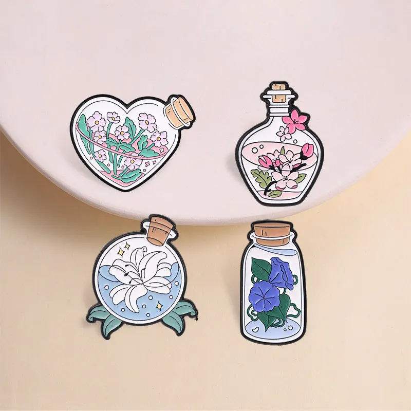 Cartoon Magic Flower Bottle Enamel Pins Fantasy Mushroom Bottle Morning Glory Daisy Plant Brooches Lapel Badge Jewelry Gifts