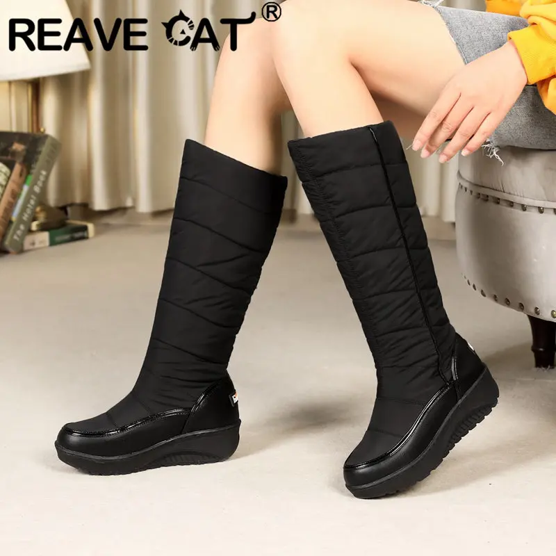 REAVE CAT Women Knee Boots Round Toe Wedges Slip On Platform Snow Booties Size 41 42 43 44 Leisure Daily Shoes