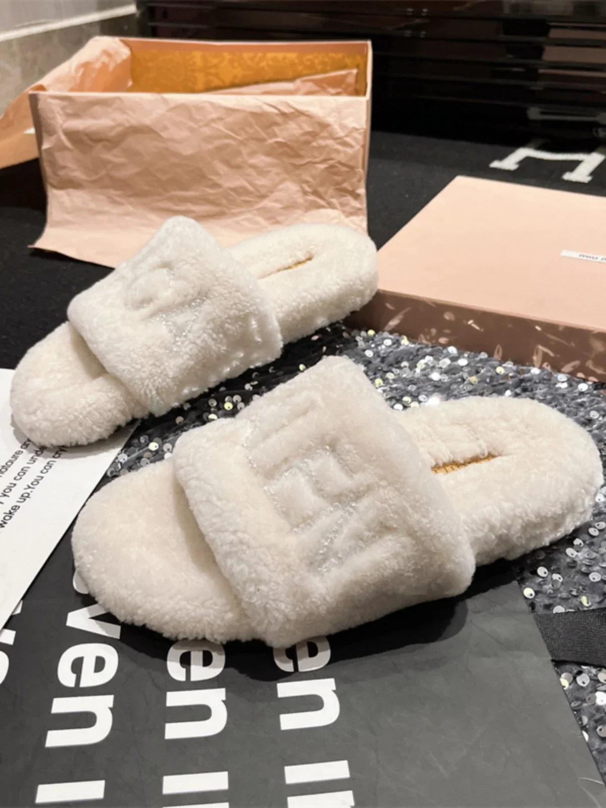 Lamb Wool Slippers Women Thick Soled Casual Sandals Rhinestone Letter Open Toe Platform Shoes Outdoor Solid Color Fashionable