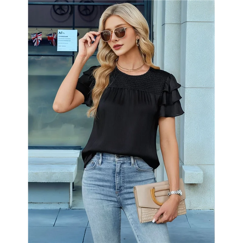 

NEW-Womens Satin Dressy Casual Blouses Ruffle Sleeve Textured Tops Shirred Summer Shirt