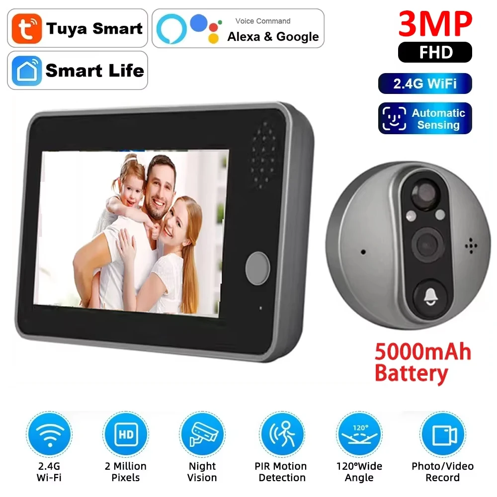 3MP Smart Life Tuya 1080P WiFi Door Bell Eye Peephole Camera 5000mAh Battery PIR Motion Detector IR Alexa Google Digital Viewer