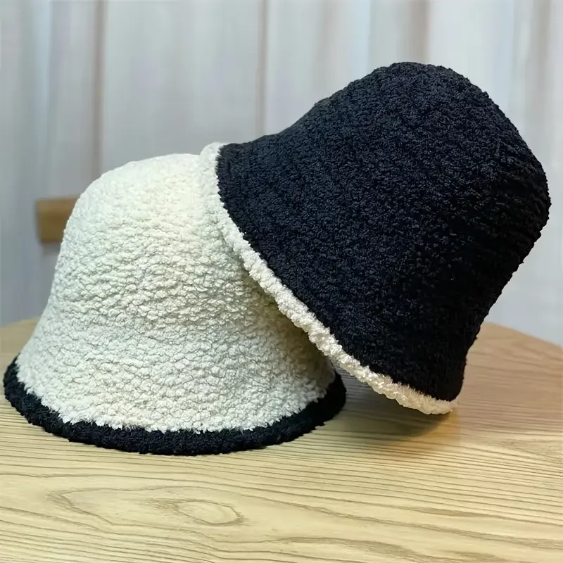 

Autumn And Winter Faux Cashmere Knitted Contrast Color Edge Casual Bucket Hat, Unisex Bucket Hat