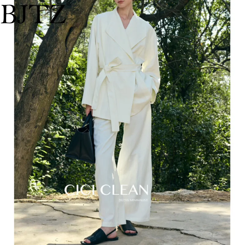 

BJTZ All-in-one Pure Color 2025 Spring Fall New Female Minimalist Temperament Large Lapel Trench Coat + Two Sets Of Loose Pants