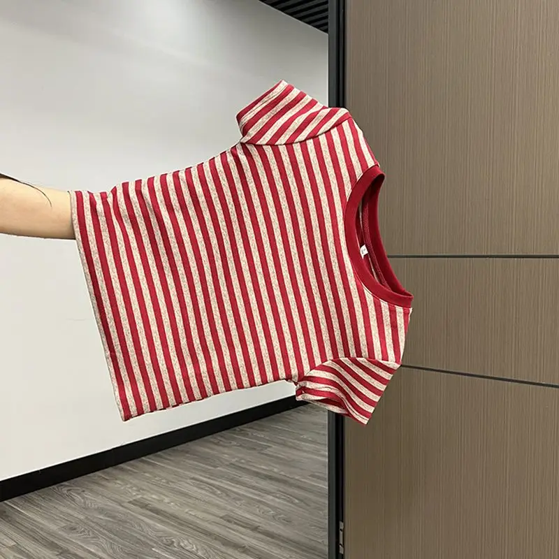 

Women's Hip Hop Fashion Striped Pattern Short Sleeved T-shirt Fashion Chic Pullover Sweater Female Vintage Skinny Tops