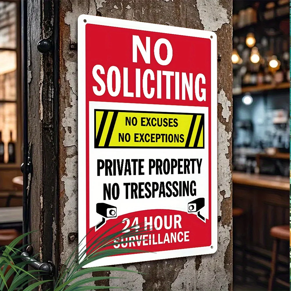 2D Flat, Vintage Metal Sign,No Soliciting No Excuses Sign, 24 Hour Surveillance Warning Plate for Porch, Entryway, Fence, Wall