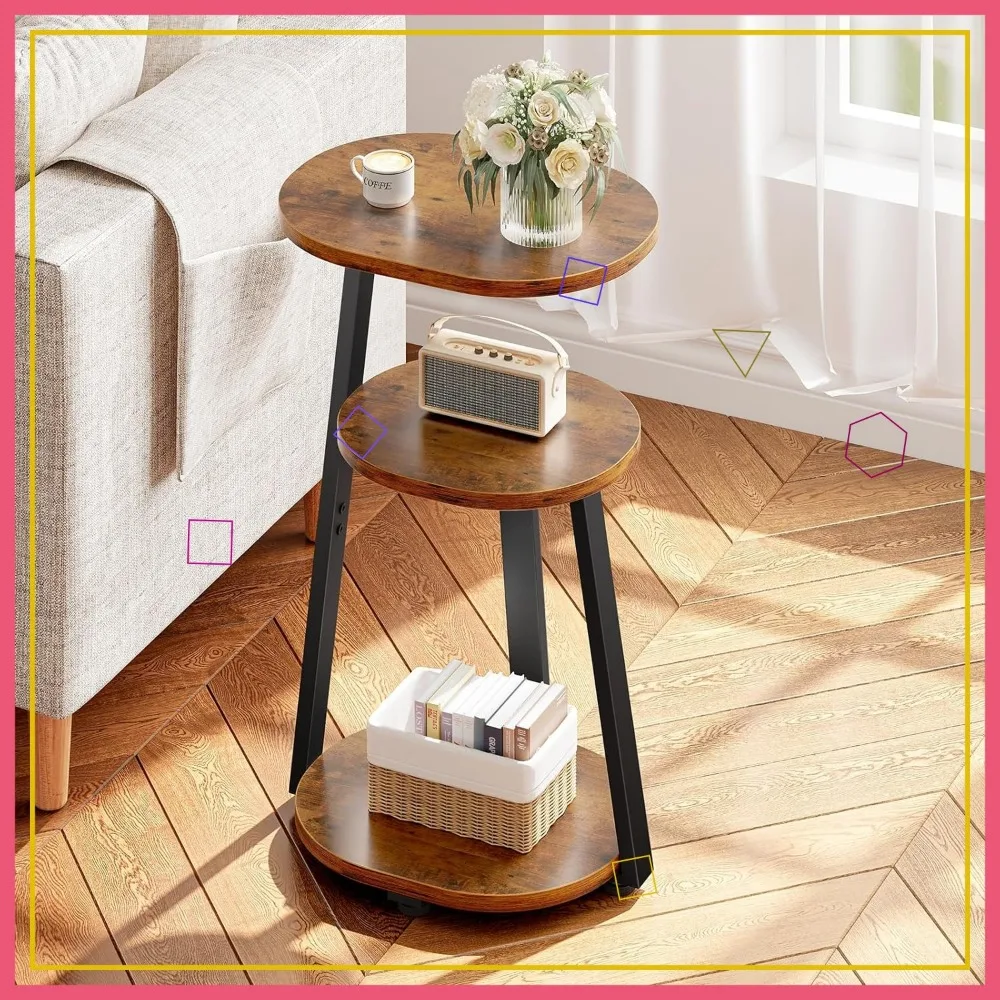 

3-Tier Oval Side Table with Metal Frame, Vintage Brown End Table for Living Room Bedroom