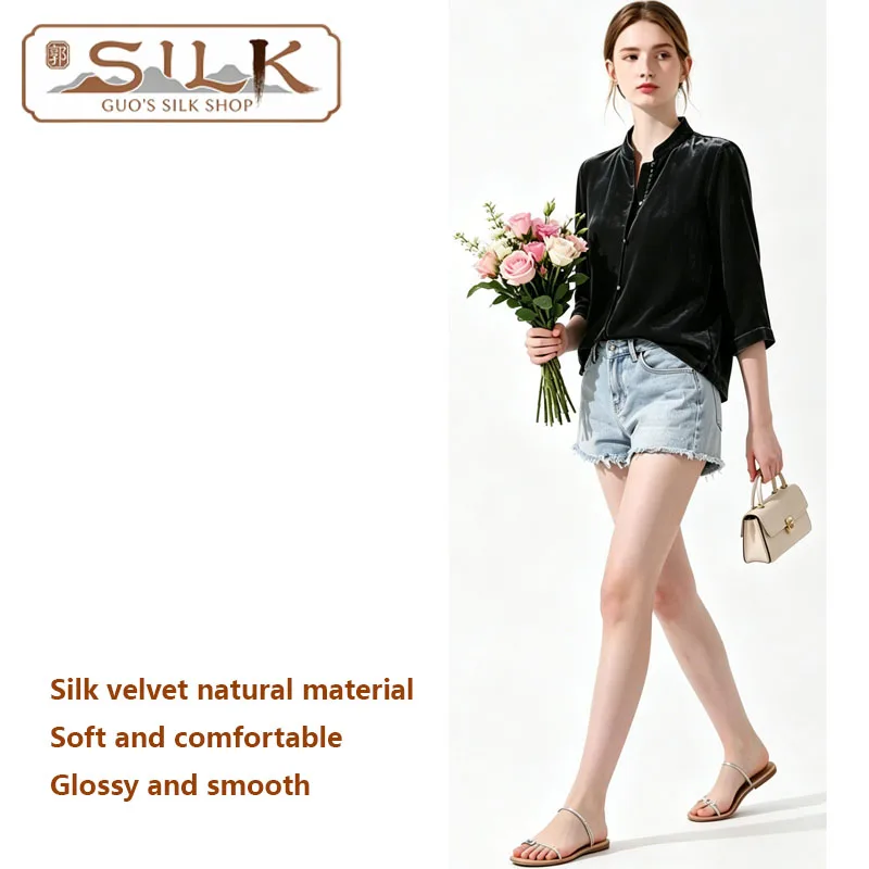

High-end 100% Silk Velvet Women's Shirt Standing Collar Simple and Elegant, Retro Style Comfortable Outdoor Wear for Relaxation