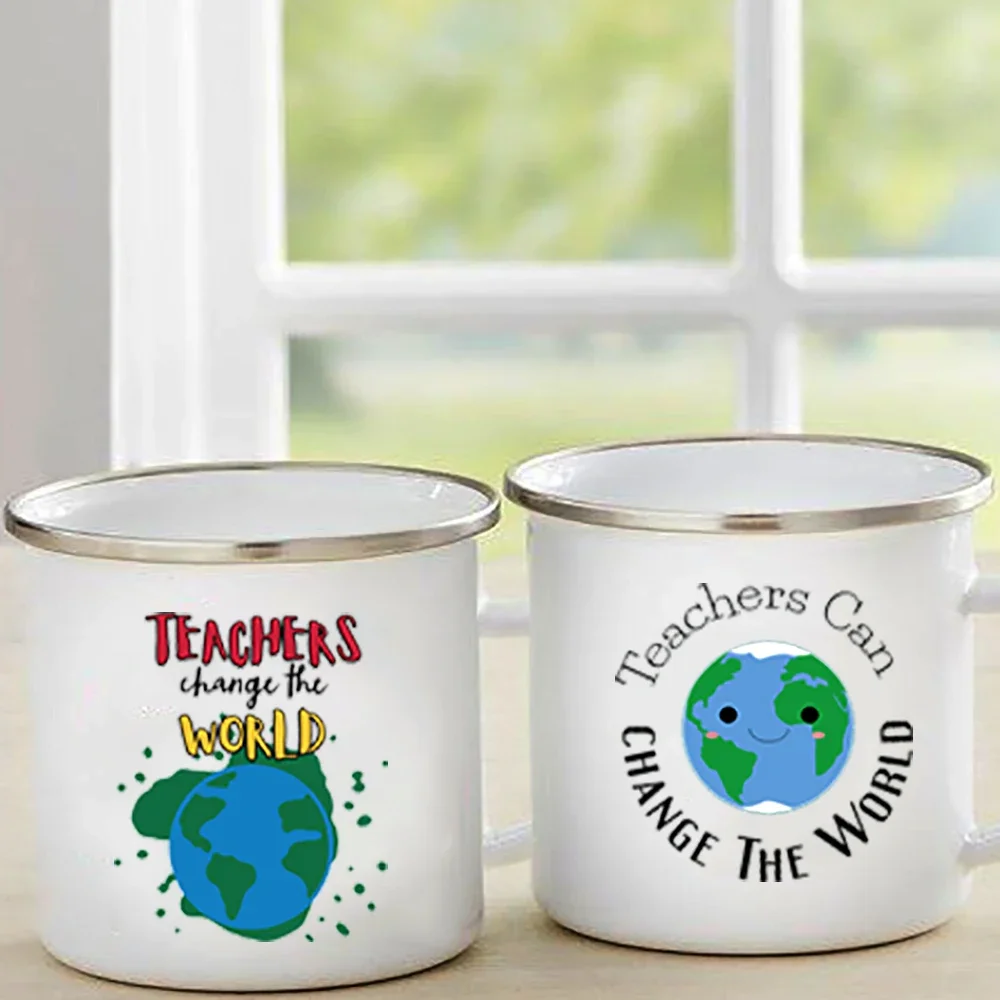 Teachers can change the world earth print mug Enamel Coffee Mug Creative Water Cups Handle Drink Milk Cup Mugs Gifts for Teacher