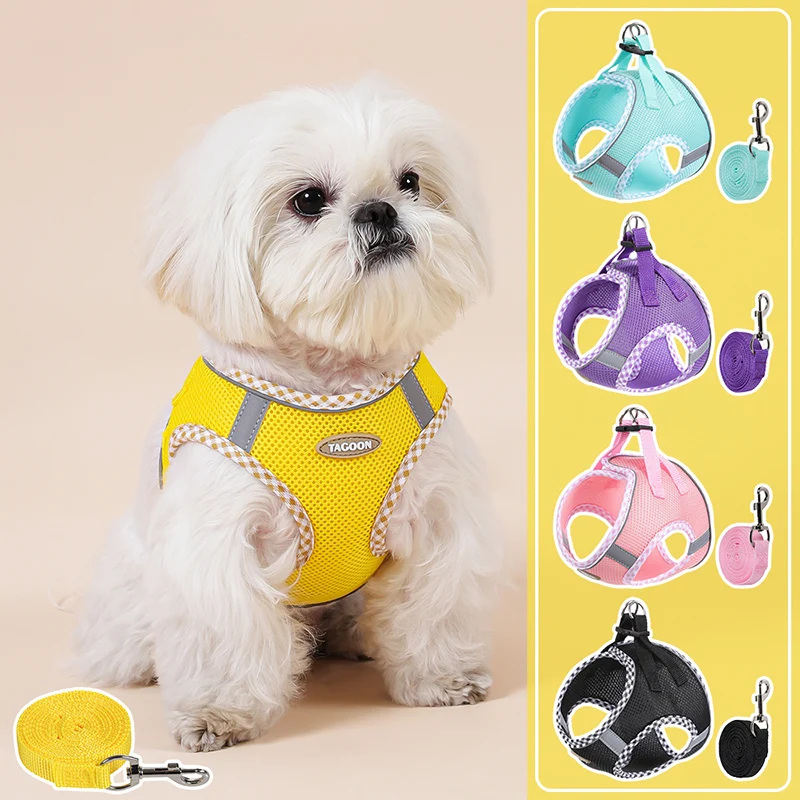 

Breathable Mesh Small Dog Harness Leash Set Adjustable Reflective Night Walking Pet Vest Harness with Safety Buckle Yorkshire