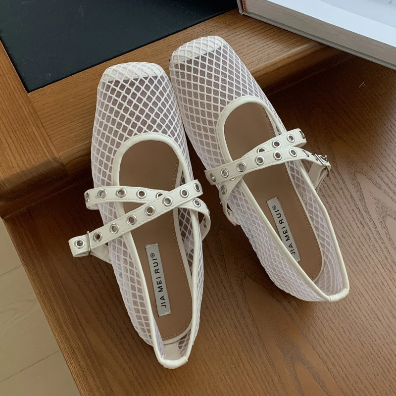 

Mesh Breathable Flat Sandals Women Summer Fashion Double Strap Buckle Square Toe Mary Jane Shoe Luxury Brand Designer Shoe Pumps