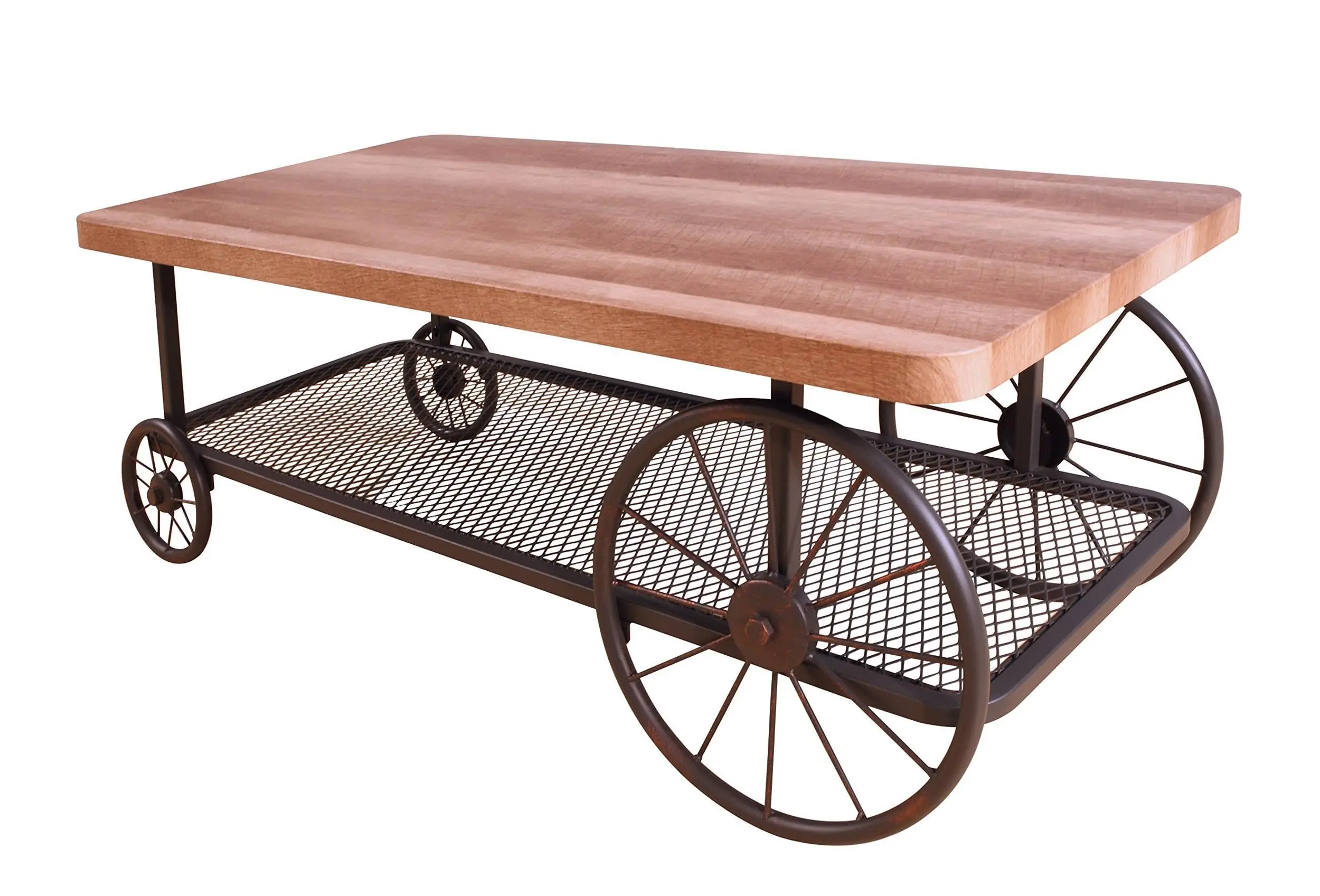 

Rustic Industrial Style Rectangular Coffee Table With Mesh Shelf And Spoke Wheels In Oak Finish