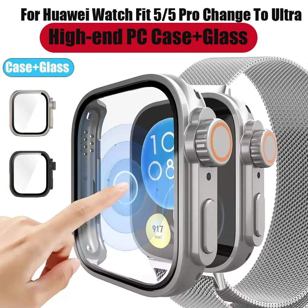 Hochwertiges PC-Gehäuse+Glas für Huawei Watch Fit 5/5 Pro zur Umrüstung auf Ultra Rundum-Schutzgehäuse für Huawei Fit 3/4/4 Pro Upgrade auf Ultra