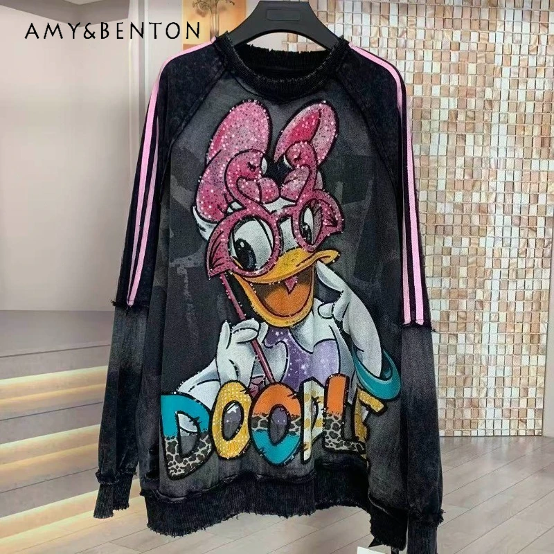 

Popular Brand Heavy-washed Cartoon Youthful Fashion Mid-length Loose Oversized Crew Neck Sweatshirt For Women's Kawaii Clothes
