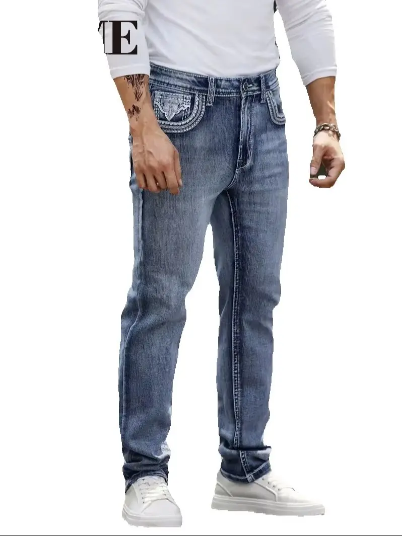 【HME】Men's Jeans | Light Blue Washed Stretch Denim Pants Crafted from Soft Breathable Premium Denim Fabric, Colorfast Anti-Wrinkle Treatment for Long-Lasting Wear, Neat Contrast Stitching, Comfortable Casual Straight-Fit Men Denim Pants