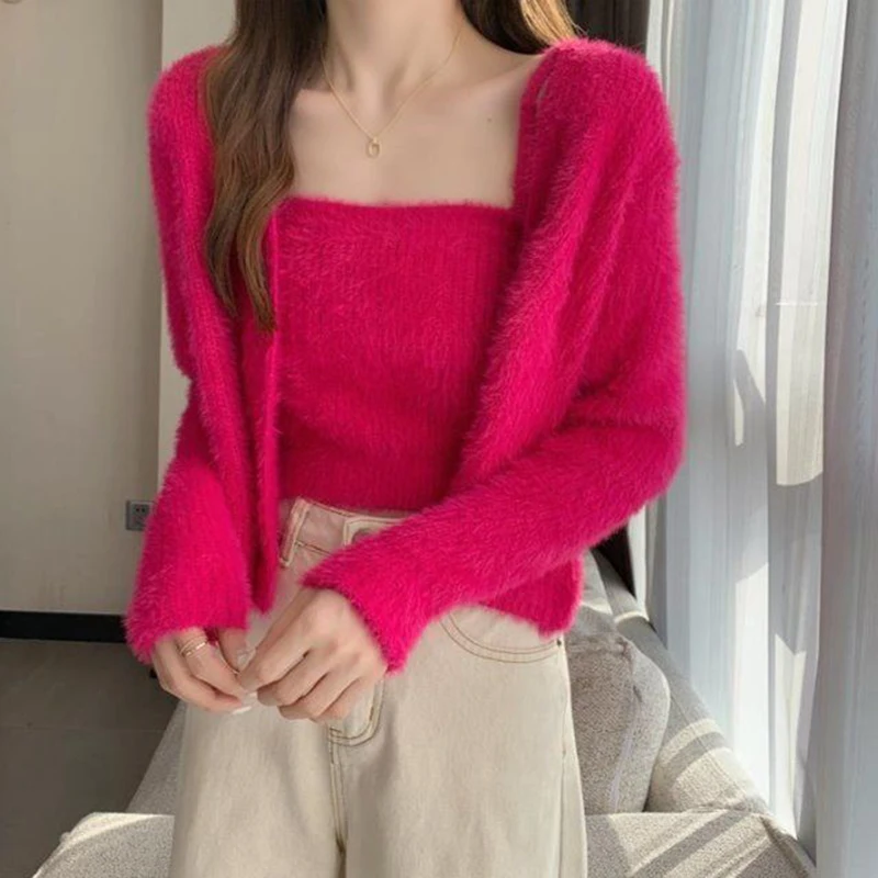 Biyaby 2023 New Two Pieces Set Cardigan Women Sweet Long Sleeve Knitted Sweater + Sleeveless Strap Vest Woman Simple Soft Tops