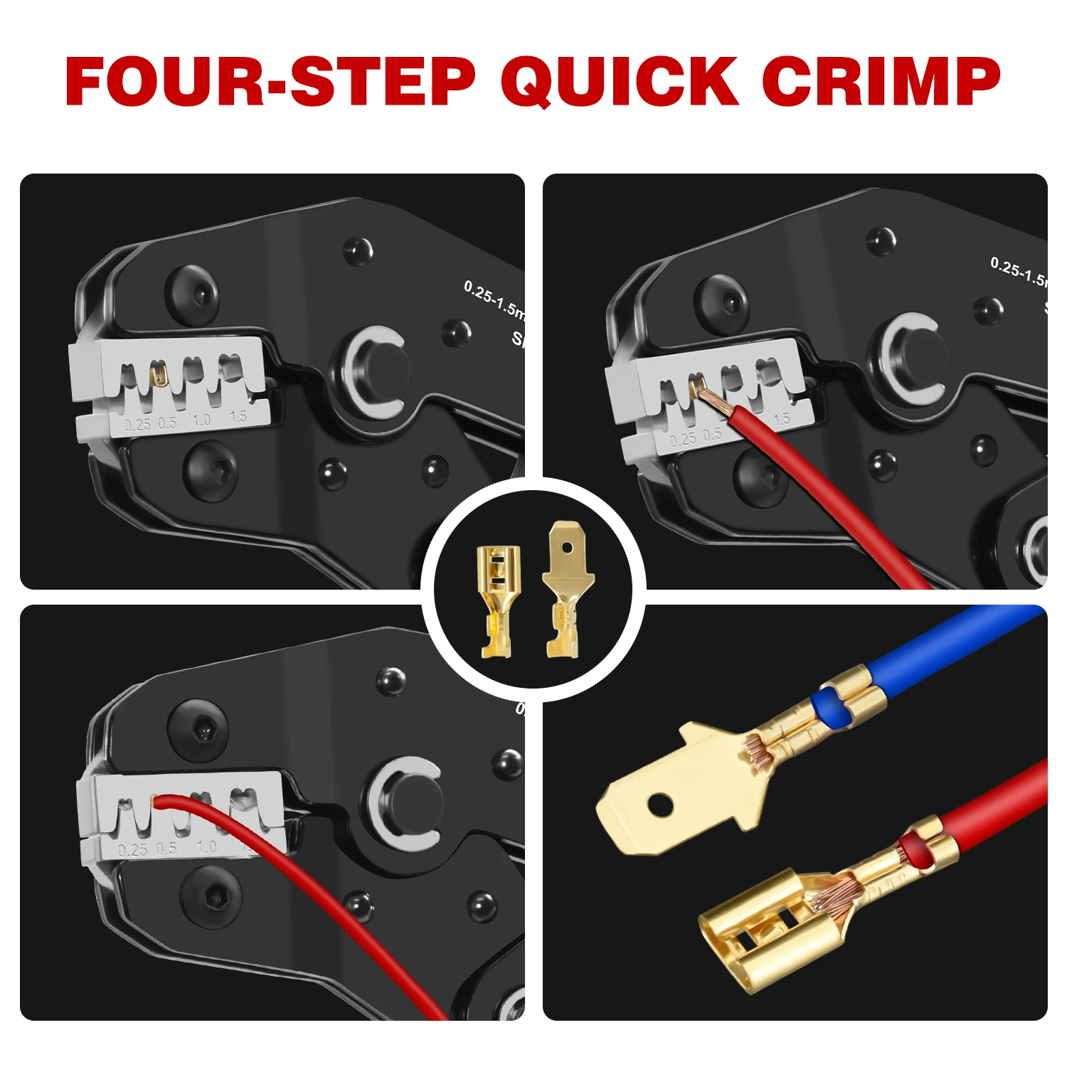 SN-58B Kit di strumenti di crimpatura da 300 pezzi Set di connettori per terminali aperti da 2,8/4,8/6,3 mm con terminali non isolati Pinze a crimpare AWG 23-16