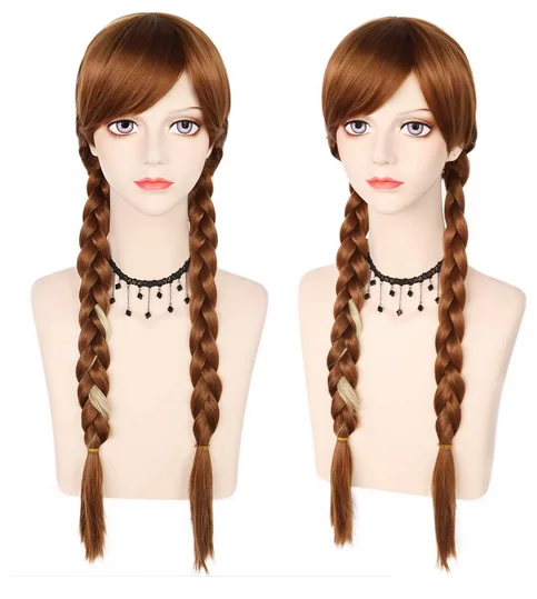 Long Brown Wig With 2 Braids Cosplay Wig for Women Peluca Trenza Marrón Synthetic Wig Brown Braided Wigs for Halloween Party