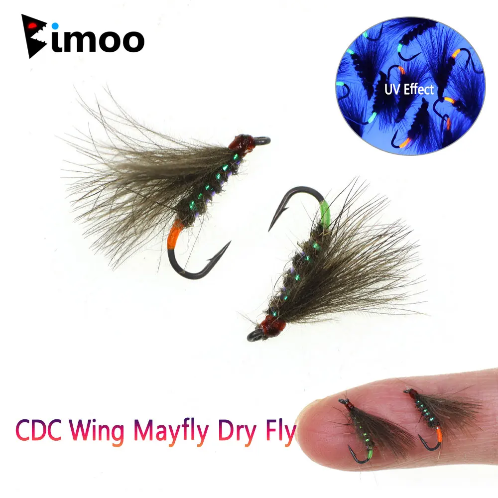 Bimoo 6PCS # 16 CDC Wing Mayfly mosca seca fluriscente flotante con púas Emerger mosca seca trucha Grayling Bluegill Señuelos de pesca cebos