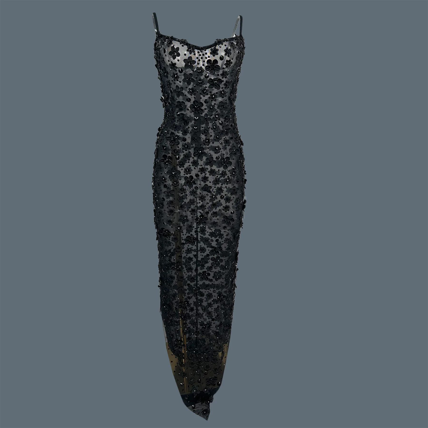 

Women Luxury Sexy Flower See Through Mesh Long Dress Elegant Party Bar Birthday Party Sleeveless Enening Gown Stage Wear Chunjie