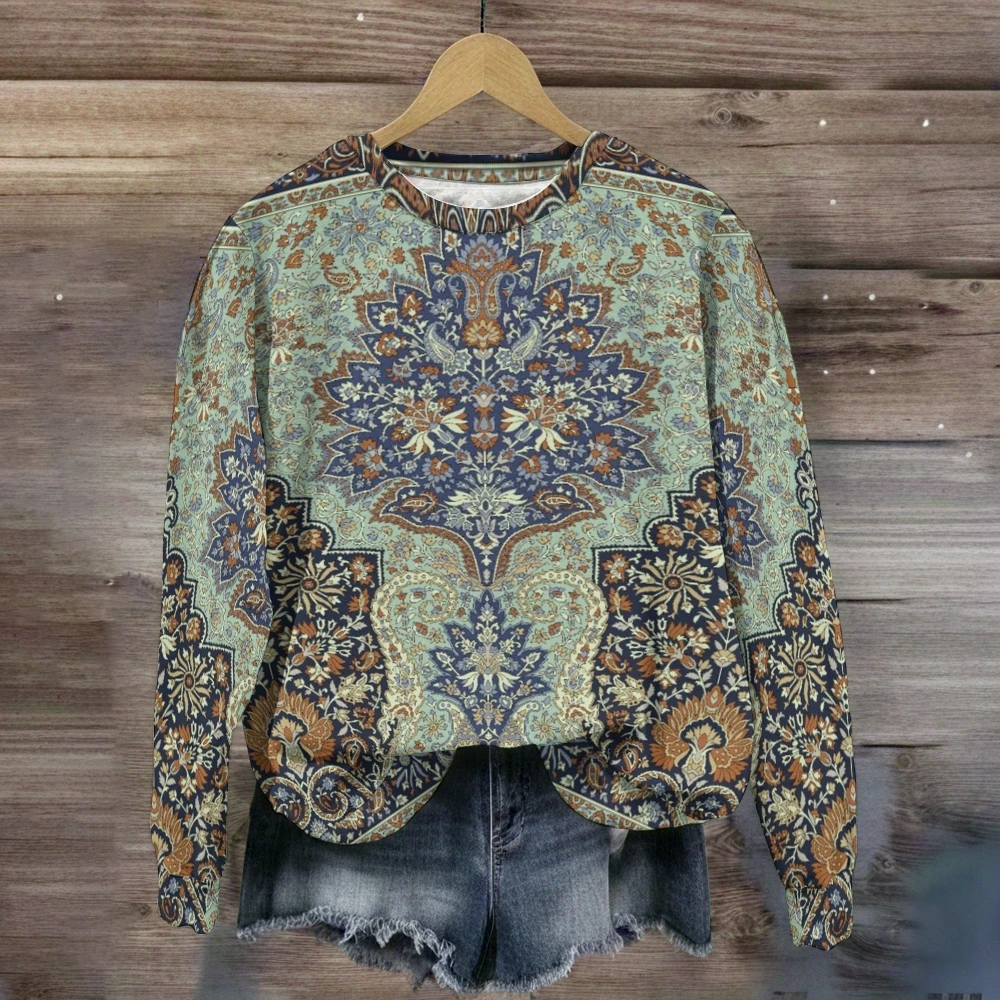 Unique Women's Ethnic Print Casual Hoodie Sweatshirt, Casual Loose Coat, Stylish Holiday Cardigan, Women’s Winter Outerwear,