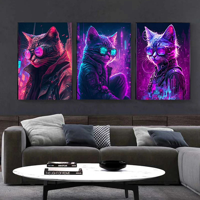 Handsome Cyberpunk Cat Surrealism Style Game Poster Canvas Painting HD Print Wall Art Picture Living Room Bedroom Decoration