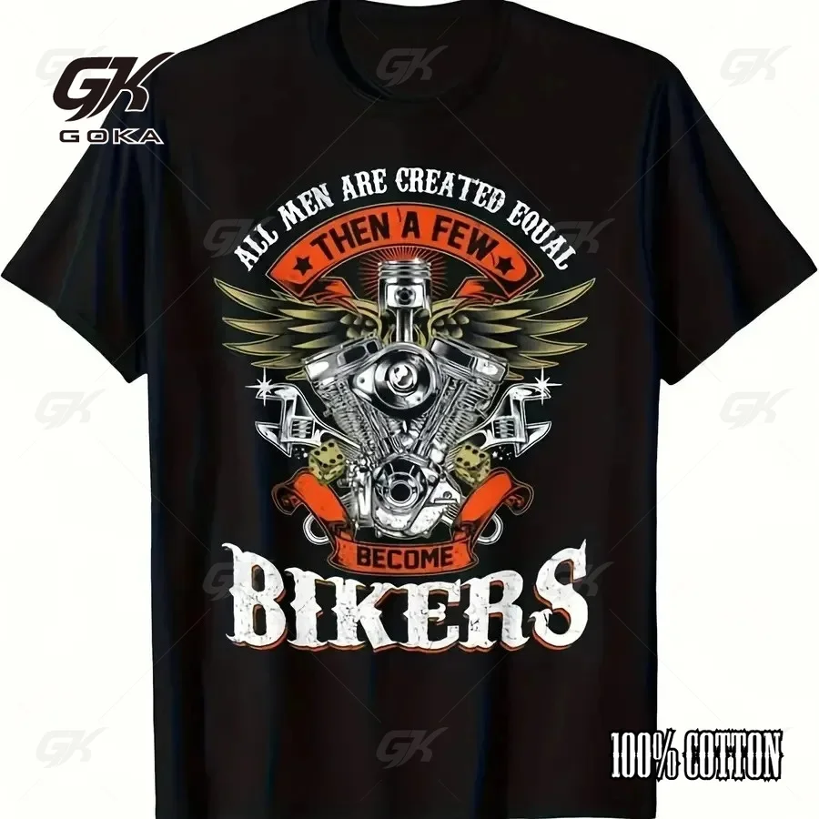 T-shirt « Tous les hommes sont créés égaux, puis certains deviennent motards », hauts noirs pour motards avec moteur V-Twin, streetwear décontracté pour motards
