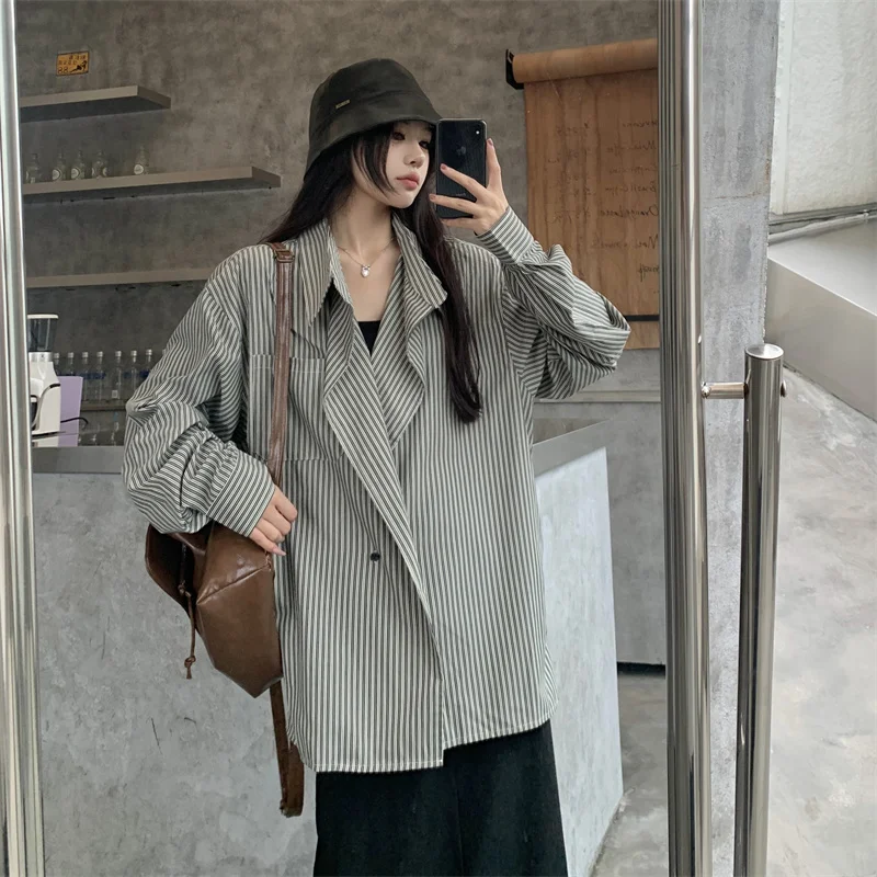 American Loose Striped Shirt Women's Autumn Oversize Atmosphere Women Shorts Casual Long Loose Coat