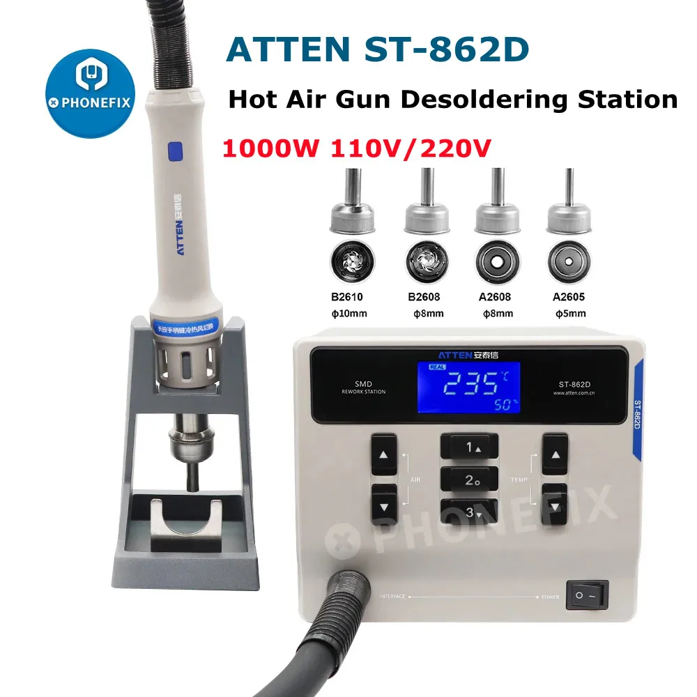 ATTEN ST-862D 1000W Intelligent Hot Air Gun Desoldering Station Digital Display BGA Rework Station Mobile Phone IC Chip Repair