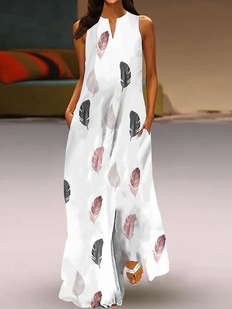 Długa sukienka damska z kolorowymi piórami, seksownym nadrukiem 3D, wycięciami, dekoltem w serek, bez rękawów, w stylu street fashion, długa sukienka wieczorowa na przyjęcie dla kobiet.