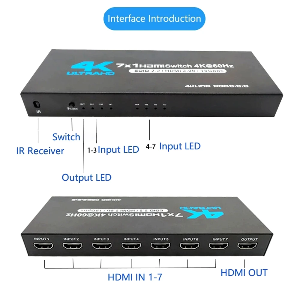 7 Port HD-MI Switch version2.0 4K@60Hz HD-MI 2.0 7x1 Switch Switcher Audio Video Converter 7 in 1 out Support HDR & HDCP 2.2