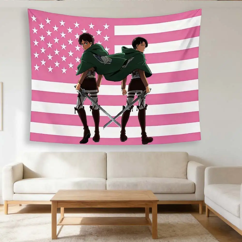 Attack on Titan Eren & Levi Rosa Amerikanische Flagge Wandteppich, Anime-Fan-Merch Wandbehang für Schlafzimmer Wohnzimmer, Flachdruck-Dekoration