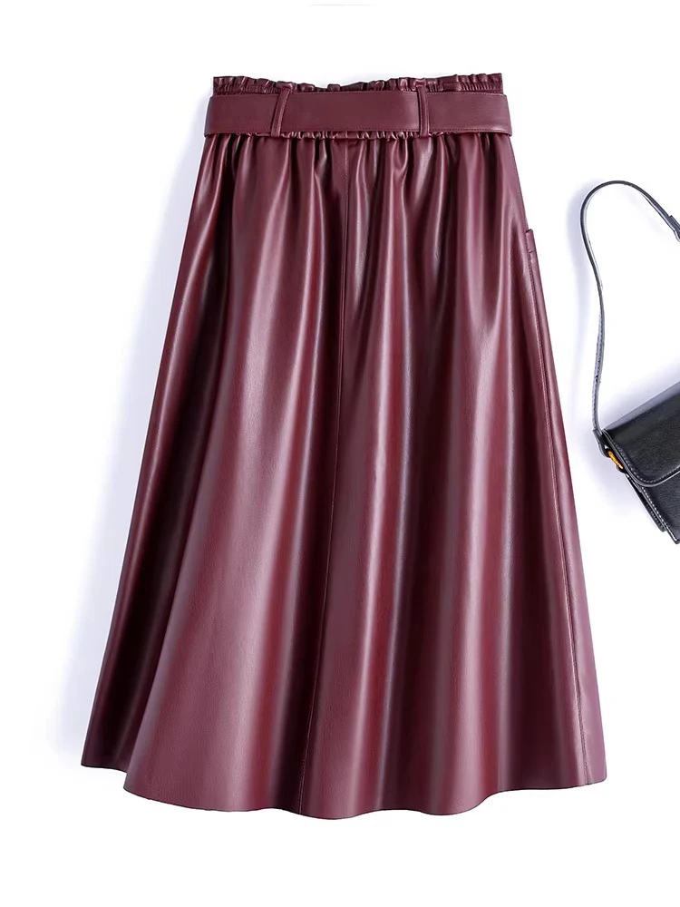 New Women Spring Autumn Split Leather Skirt Fashion Stretch High Waist A-Line Loose Skirt Casual Simplicity Long Skirt Female
