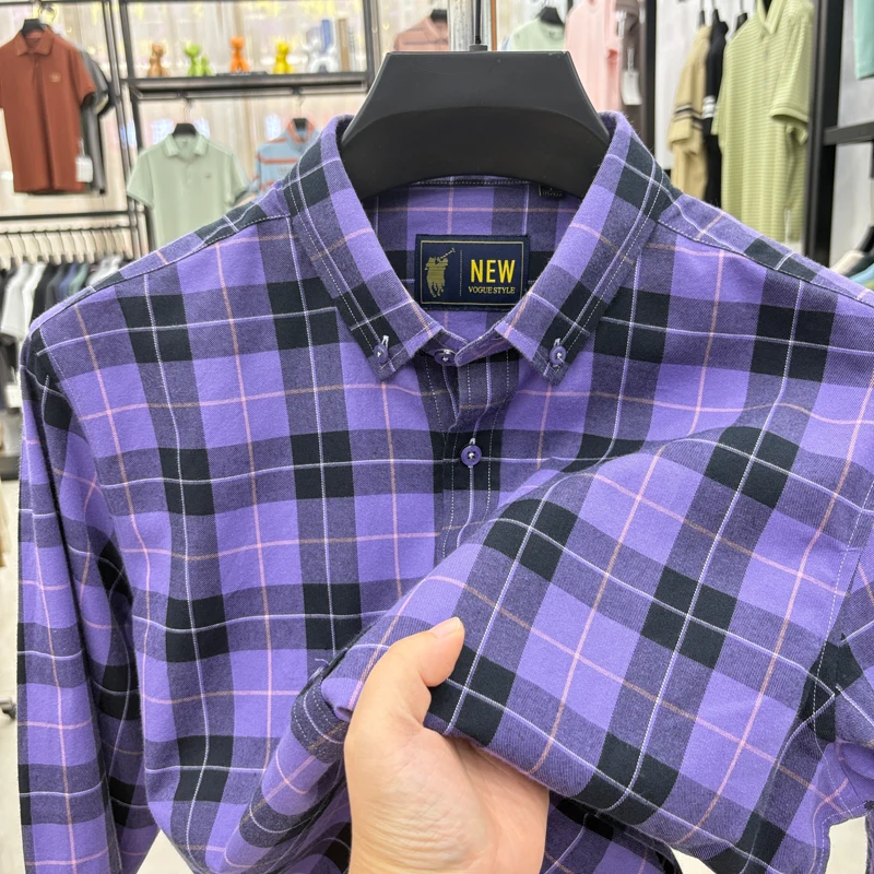 

100% Pure Cotton Fashionable Checkered Long Sleeved Shirt for Men's Spring and Autumn Business Casual Shirt, Loose and Versatile