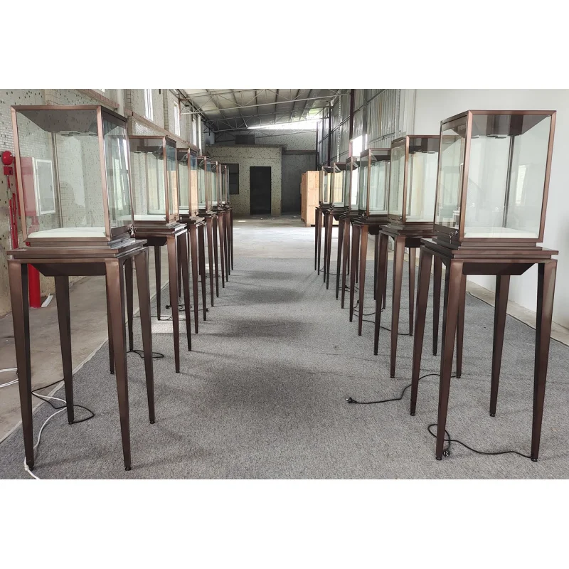 Présentoir de bijoux en acier inoxydable brossé PVD haut de gamme, vitrine en verre, raccords de bijouterie