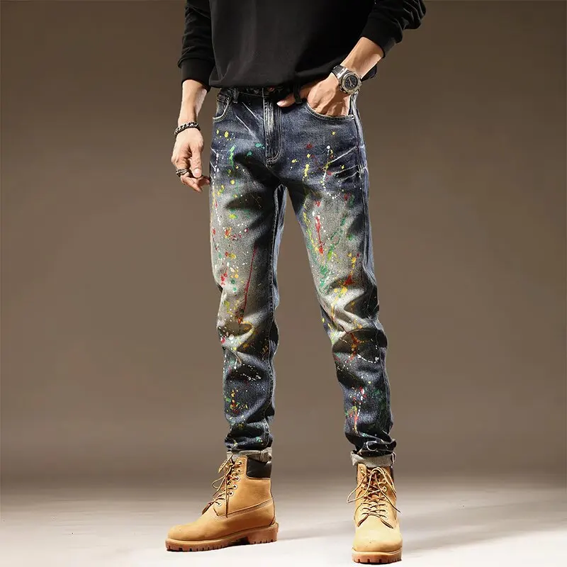 2024 Spring and Autumn New Fashion Trend Vintage Printed Straight Leg Jeans Men's Casual Relaxed Comfortable Stretch Pants 28-36