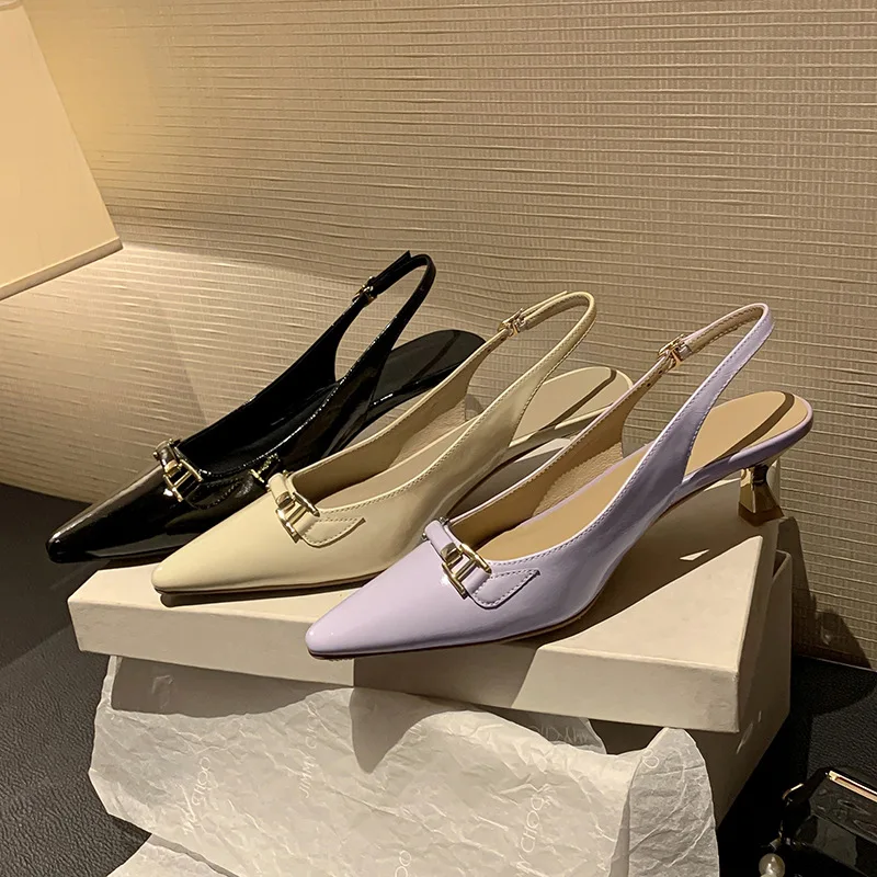 

Solid Color Sandals Summer Famous Brand Women Shoes Spike Low Heel Pointed Toe Shallow Pumps Buckle Strap Office Zapatos Mujer