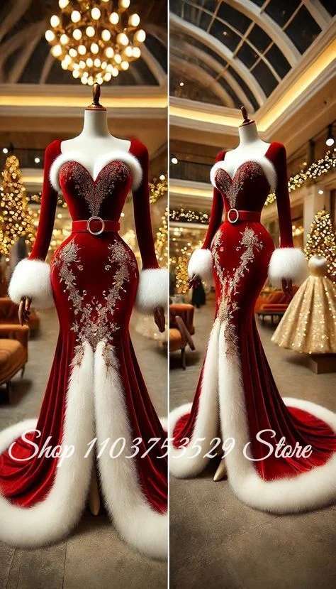 Maßgeschneidertes Rotes Glamouröses Weihnachts-Abendkleid Perlenverziertes Langarm-Meerjungfrauenkleid Maskerade-Kleid Formelles Kleid Halloween-Kostüm 2026