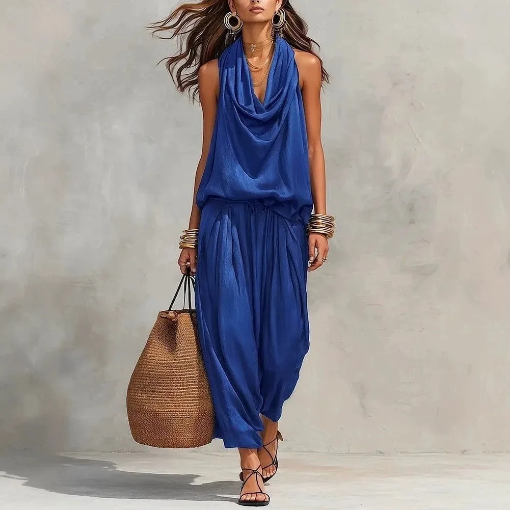 2 Pieces Set For Woman Tank Top Summer Sets Cowl Neck Emerald Green Vest Two Piece Sets Sleeveless Top High Waist Loose Fit
