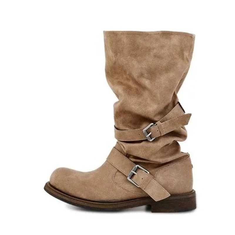 

2025 Autumn New Suede Thick-soled Non-slip Mid-calf Boots Womens Brand Buckle Designer Boots Daily Casual High Boots Botas Mujer