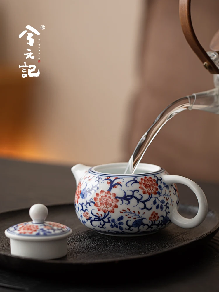 Blue and White Glaze Red Xi Shi Pot Ceramic Teapot Single High-End Household Chinese Set