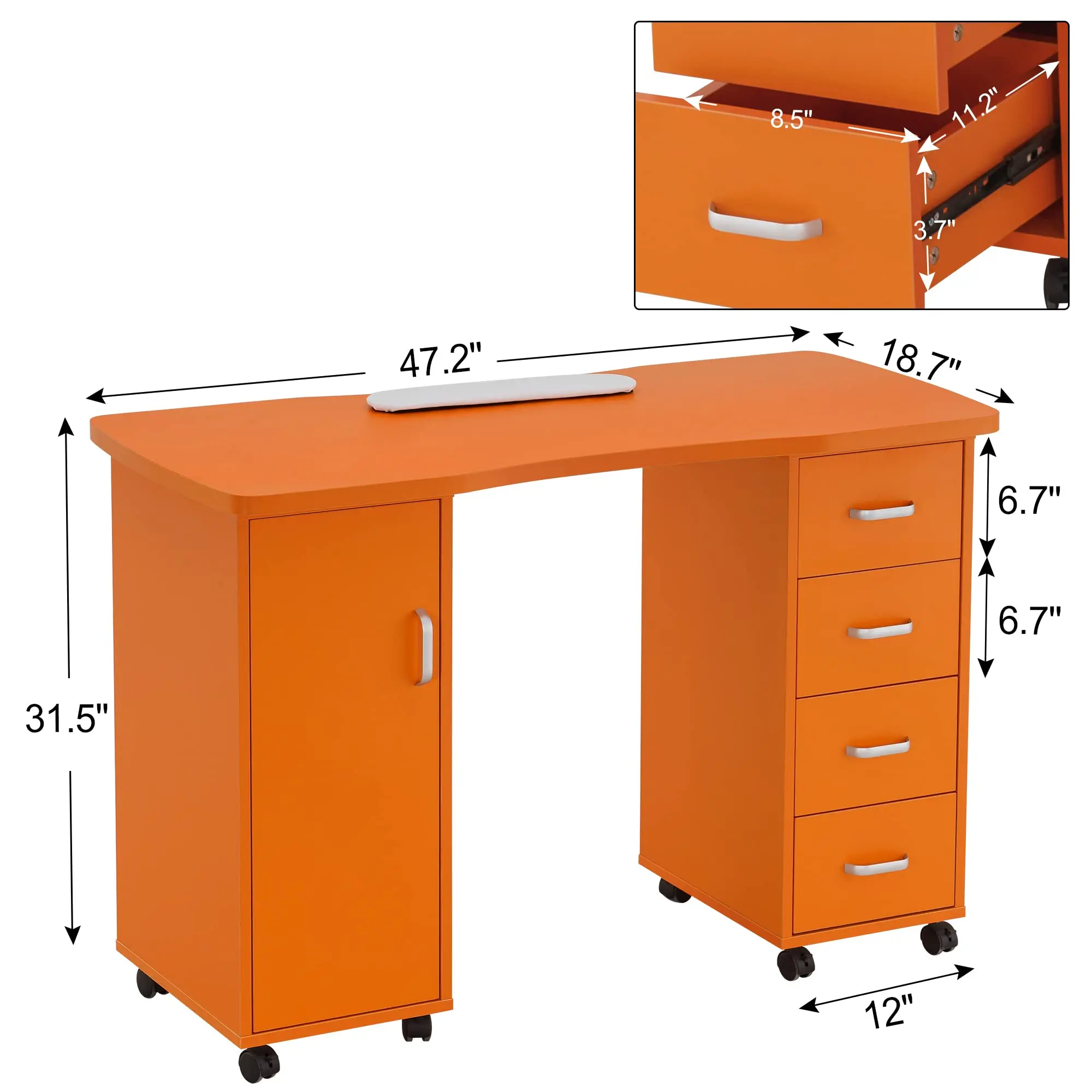Acetone Resistant Manicure Table, Nail Tech Desk with 4 Drawers, 2 Cabinet, Lockable Wheels, Wrist Pad, Beauty Salon