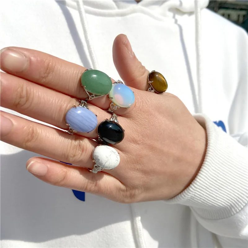 Silver Color Vintage Natural Agates Stone Rings Lapis lazuli Opal Rings Adjustable Female Finger Rings for Women Jewelry Trendy