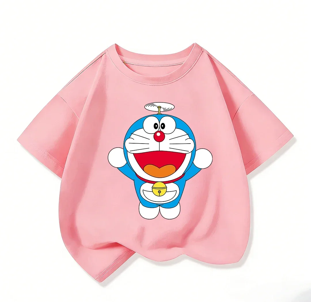 Trendy Kids Short Sleeve Tee Lovely Doraemon Print Crew Neck Fashion Street Style Summer Tops For Kids Age 3 14 Years